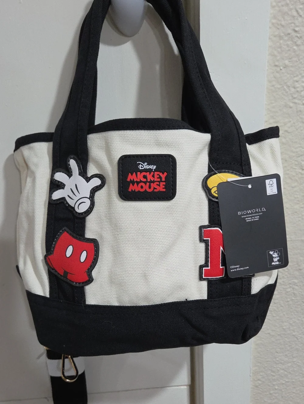 Disney Mickey Mouse Black & Cream Canvas Messenger Tote with Character Patches